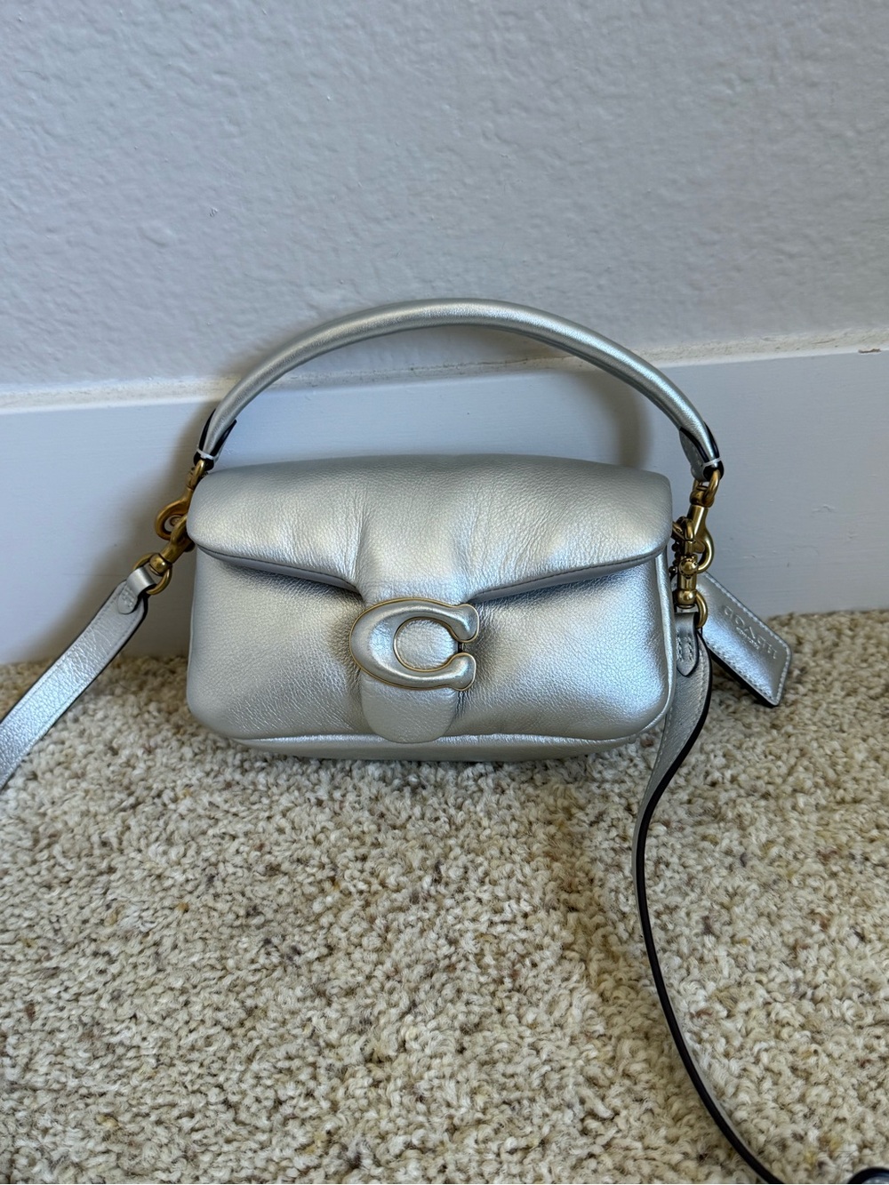 Coach C3880 Pillow Tabby Mini Metallic Sliver leather shoulder bag
